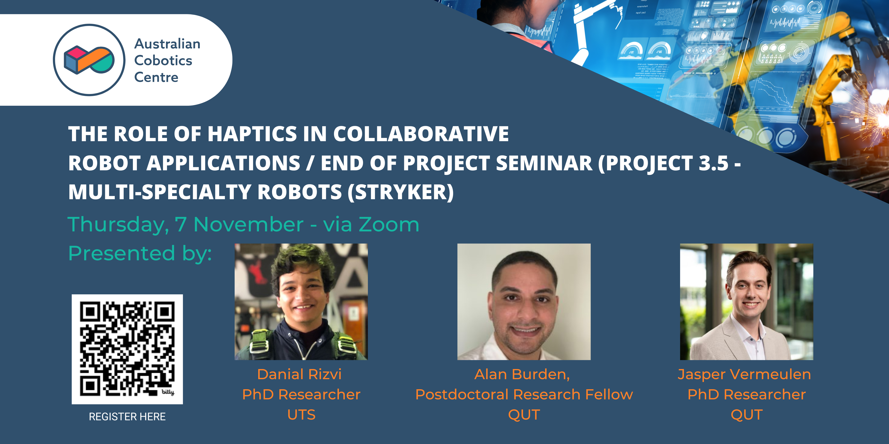 Seminar Series: Haptics in Collaborative Robot Applications & End of Project Seminar (project 3.5 – Multi-specialty Robots (Stryker)