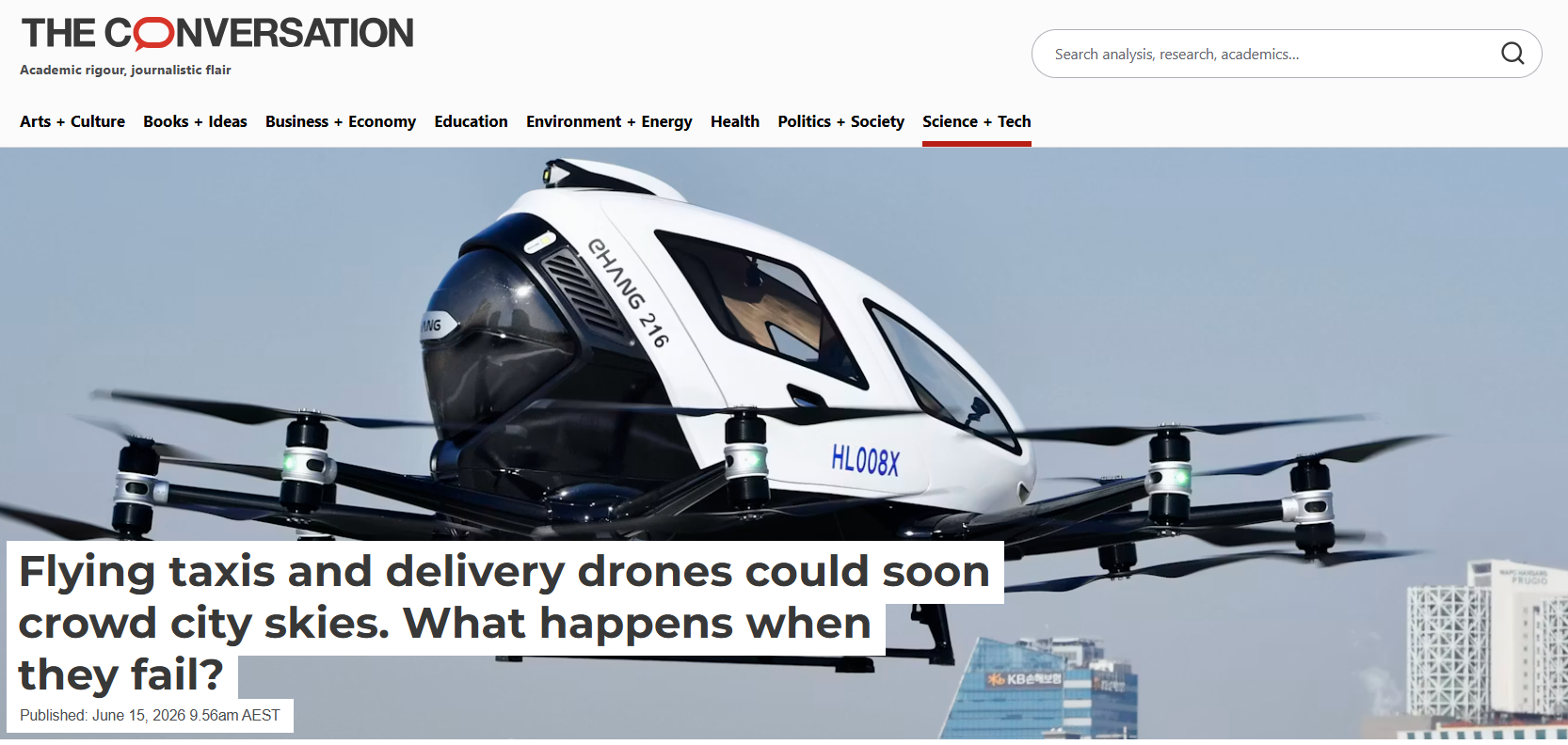 The Conversation article: Flying taxis and delivery drones could soon crowd city skies. What happens when they fail?